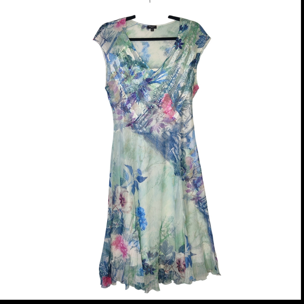 Komarov Crinkle Chiffon Watercolor Floral Fairy Midi Party Dress Large Petite